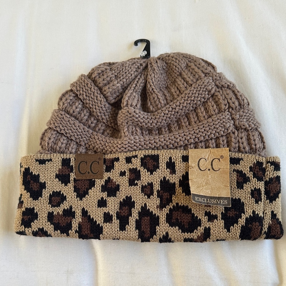 C.C Tan and Brown Leopard Print Beanie